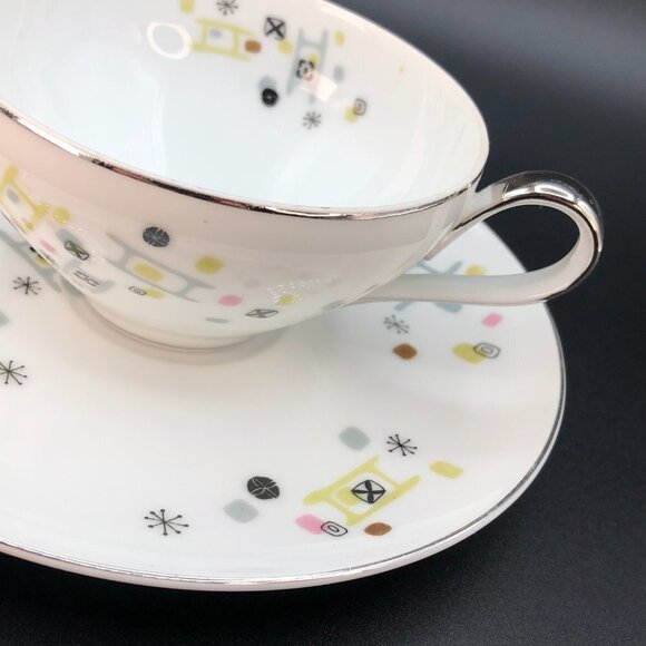 Vintage Tea Cup Saucer Set 50s Frolic pattern Mid Century Atomic Dinnerware - Picture 2 of 10